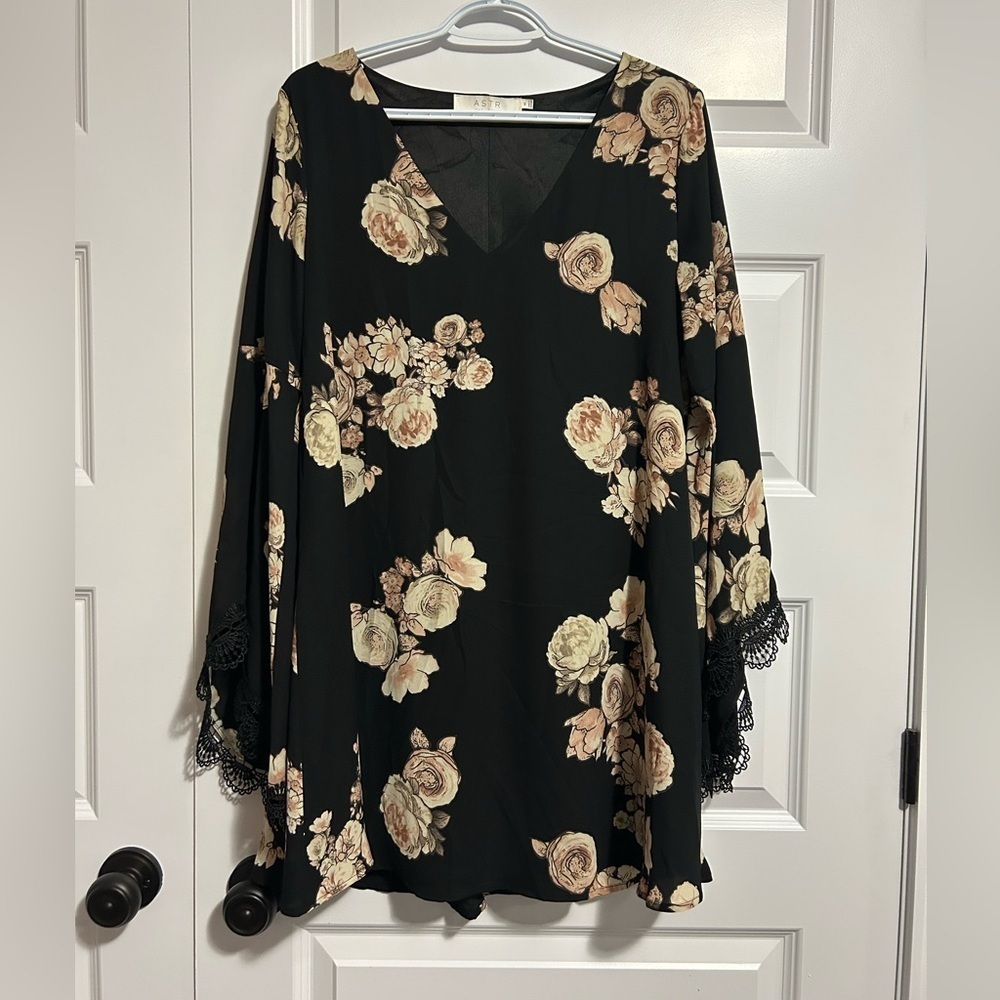 Astr Black Shift V-Neck Pull Over Dress with Floral Design